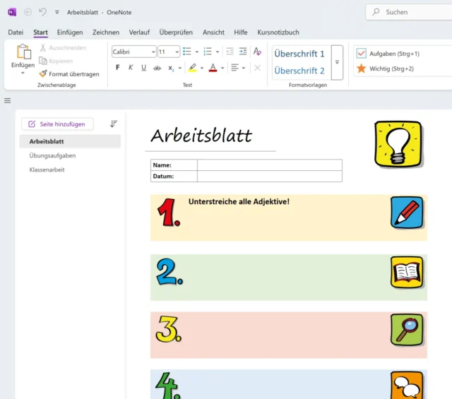 Vorlage für ein Arbeitsblatt in OneNote