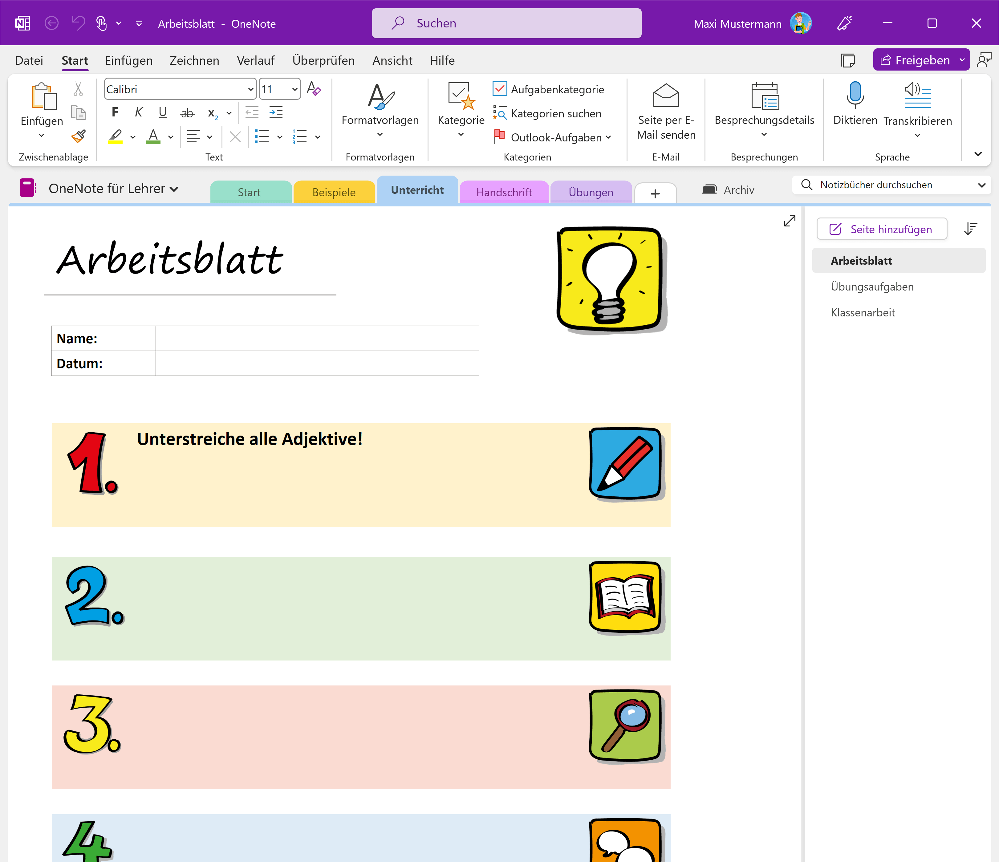 Arbeitsblatt in Microsoft OneNote