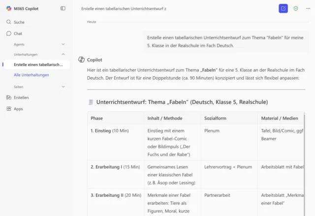 Unterrichtsplanung als Tabelle von Microsoft Copilot
