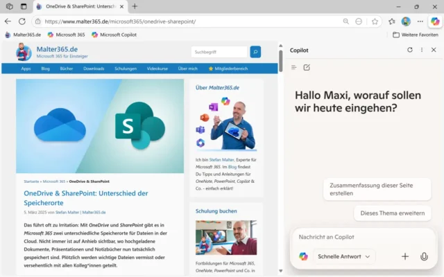 Webseite in Microsoft Edge mit Copilot in Randleiste