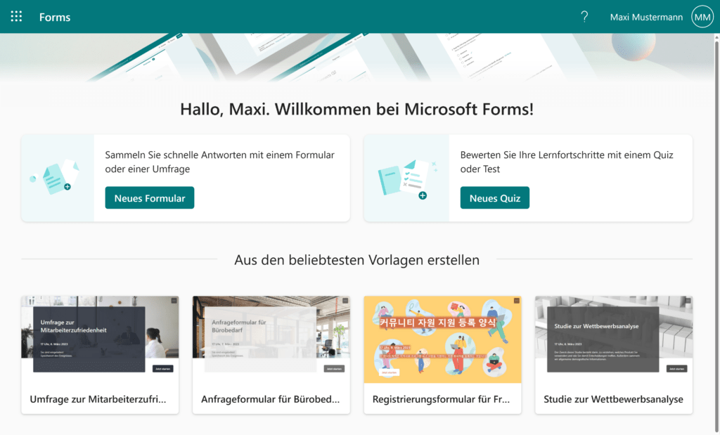 Startseite von Microsoft Forms