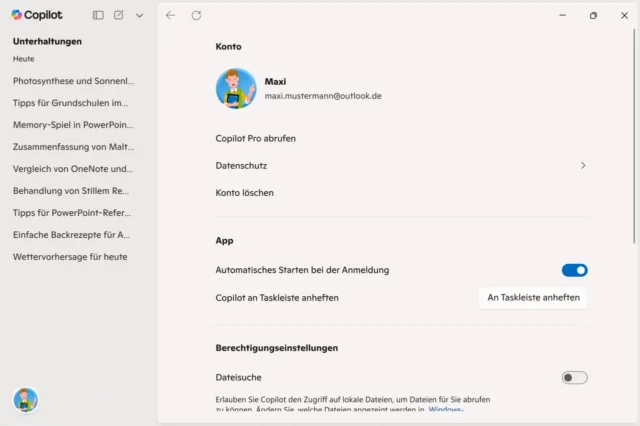Einstellungen der Copilot-App für Windows