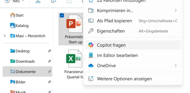 Copilot fragen im Kontextmenü von Windows 11