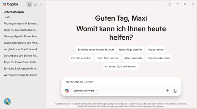 geöffnete Randleiste in der Copilot-App für Windows