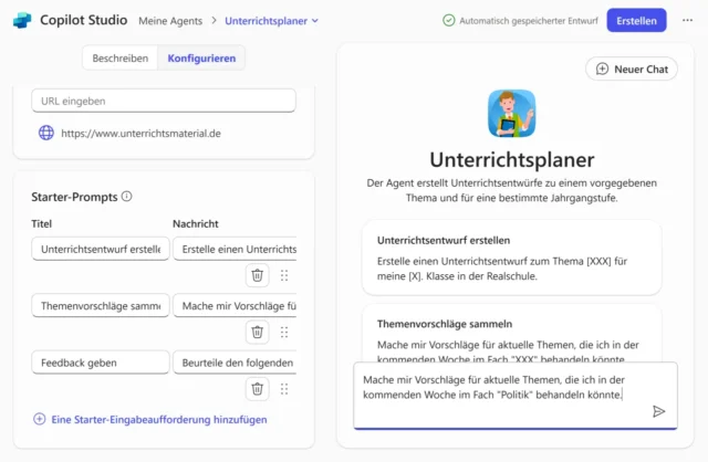 Starter-Prompts für Copilot-Agent eintragen und ausprobieren