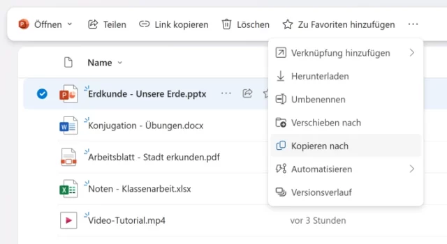 Aktionen für Dateien in OneDrive Online