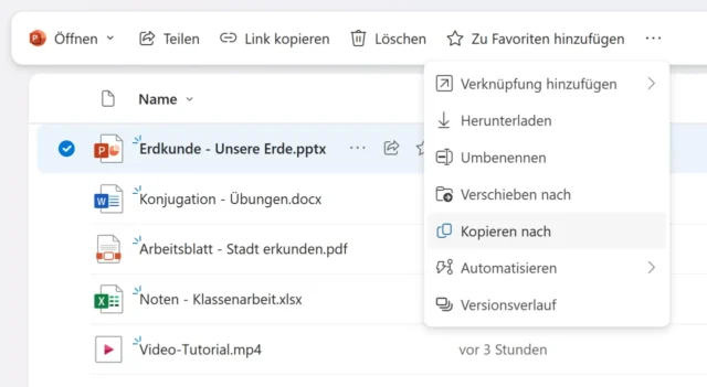 Aktionen für Dateien in OneDrive Online