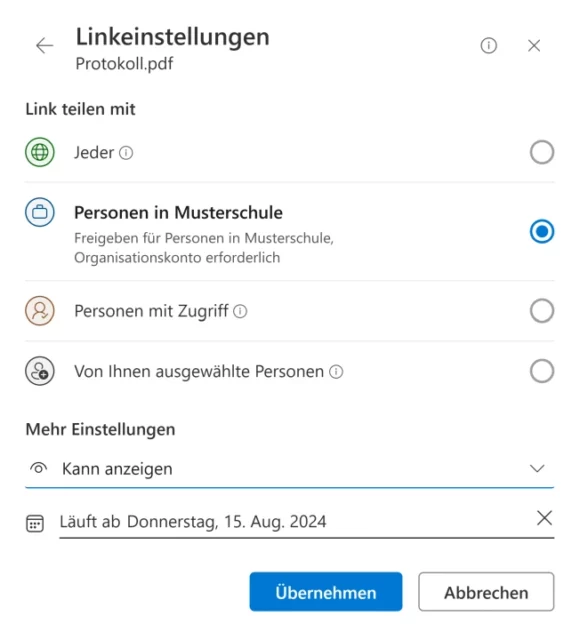 Linkeinstellungen für Freigabe