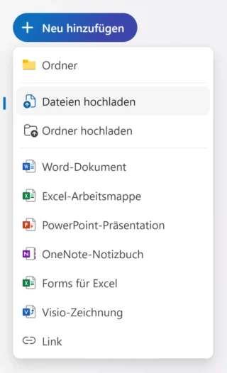 Neu hinzufügen – Menü in OneDrive Online