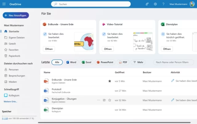 Startseite von OneDrive Online
