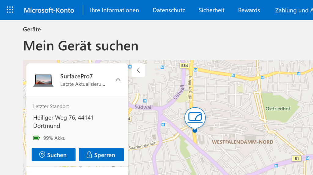»Mein Gerät suchen« – Website von Microsoft