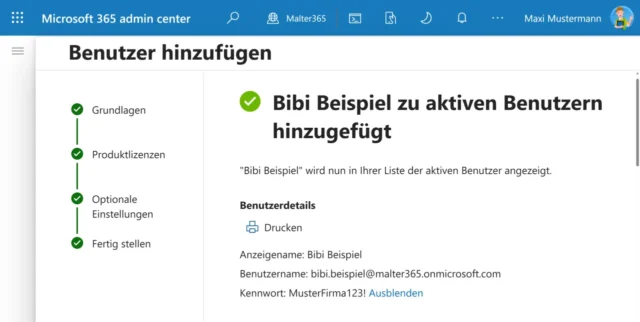 Benutzerkonto mit Benutzername und Kennwort erstellt
