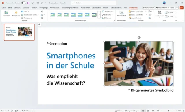 KI-generiertes Bild mit Hinweis in einer PowerPoint-Präsentation