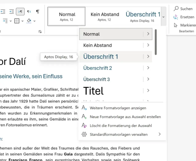 Formatvorlagen im Menüband von Word Online
