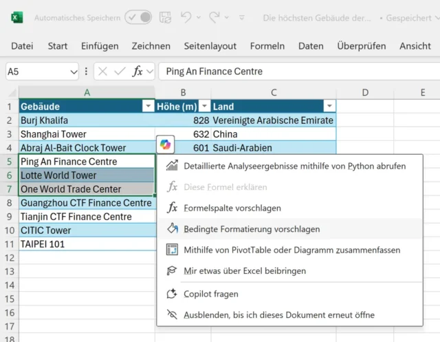 Kontextmenü für Copilot in Excel