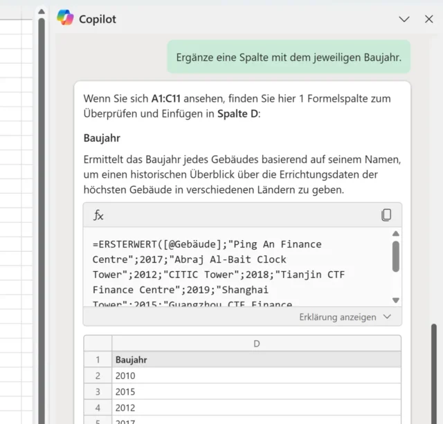 Spalte mit Daten per Chatbot hinzufügen