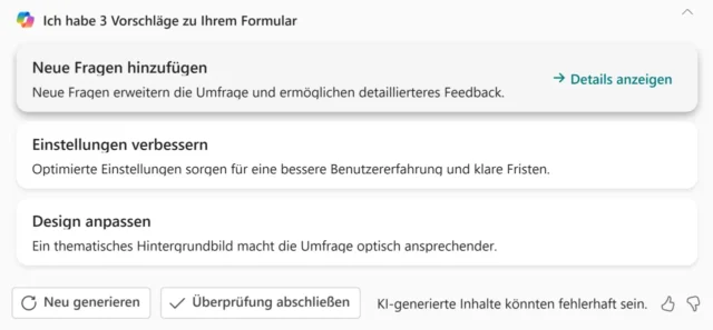 Vorschläge zum Formular von Copilot