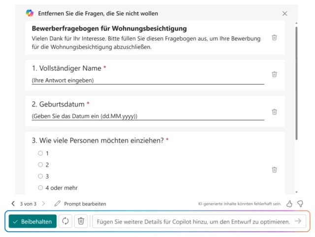 verschiedene Fragetypen – vorgeschlagen von Copilot