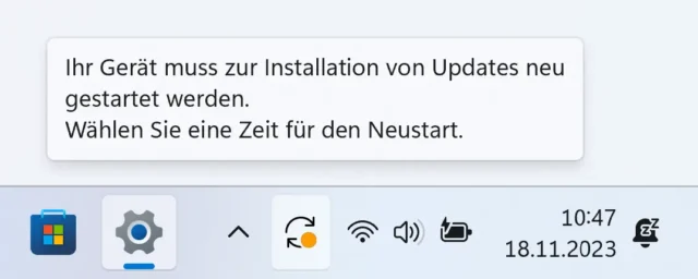 Hinweis auf Neustart im Infobereich