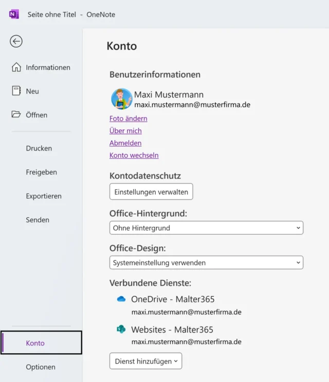 erfolgreich angemeldetes Konto in OneNote
