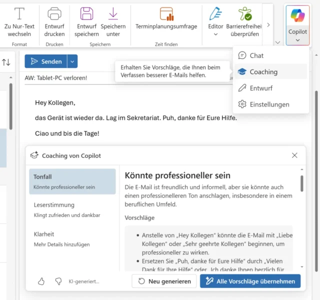 Coaching von Copilot in Outlook