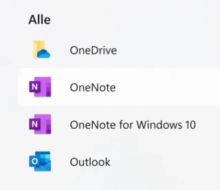 OneNote im Startmenü von Windows