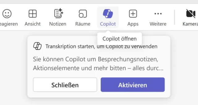 Copilot in Besprechung öffnen und Transkription aktivieren