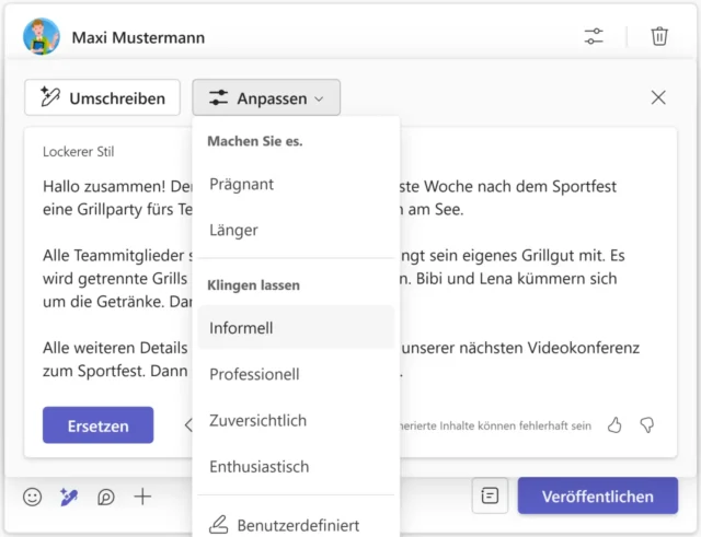 Nachricht in Microsoft Teams umschreiben lassen