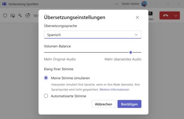 Übersetzungseinstellungen in Microsoft Teams