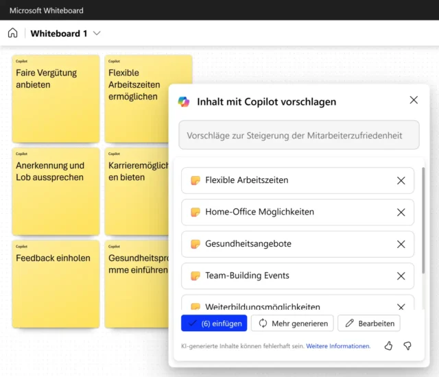 vorgeschlagene Inhalte von Copilot in Whiteboard