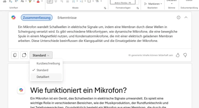 automatische Zusammenfassung in Word Online