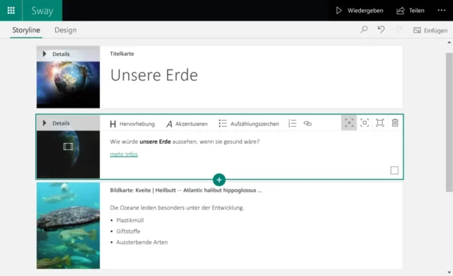 Benutzeroberfläche von Microsoft Sway als Web-App