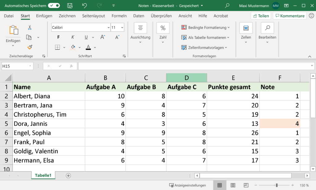 Punktetabelle in Microsoft Excel