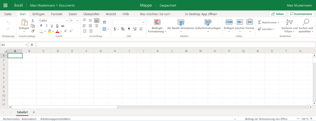 Excel als Online-Version