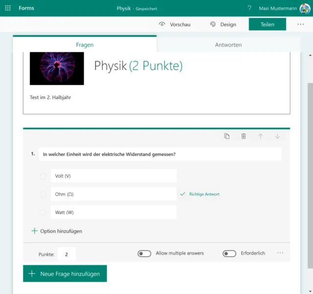 Microsoft Forms für digitale Tests
