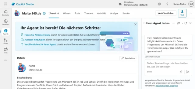 Benutzeroberfläche von Copilot Studio