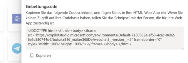 Einbettungscode für Agent als Web-App
