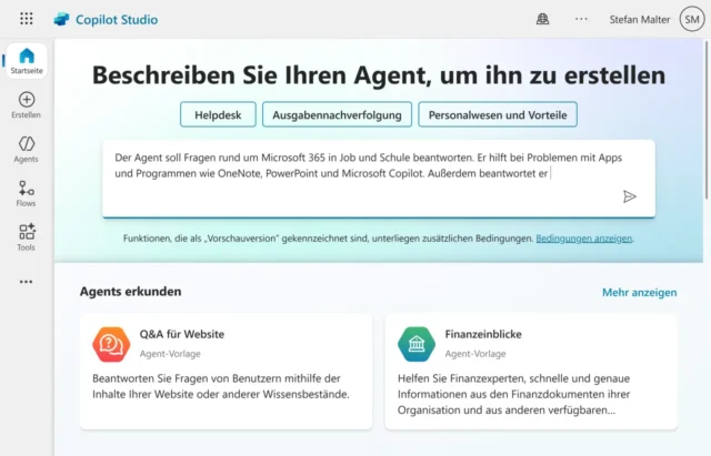 Startseite von Copilot Studio