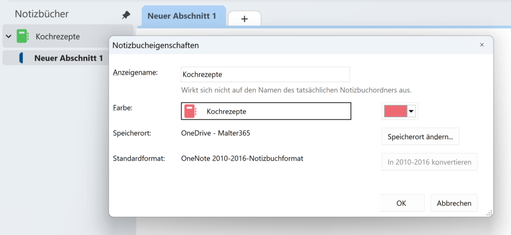 Notizbucheigenschaften in OneNote für Windows