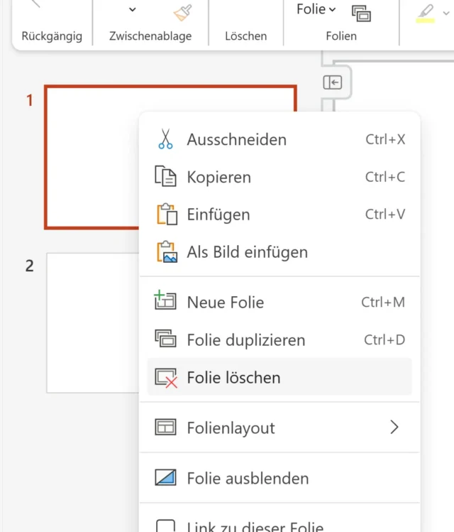 Kontextmenü für Folien in PowerPoint Online
