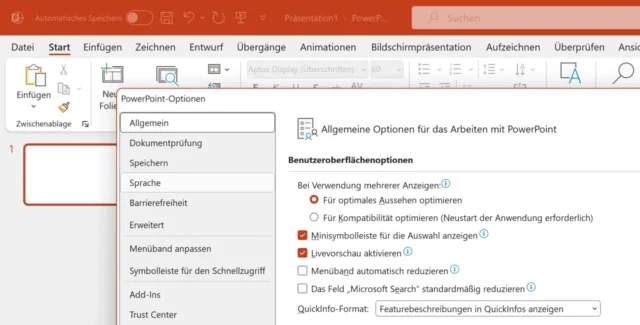 Optionen in PowerPoint für Windows