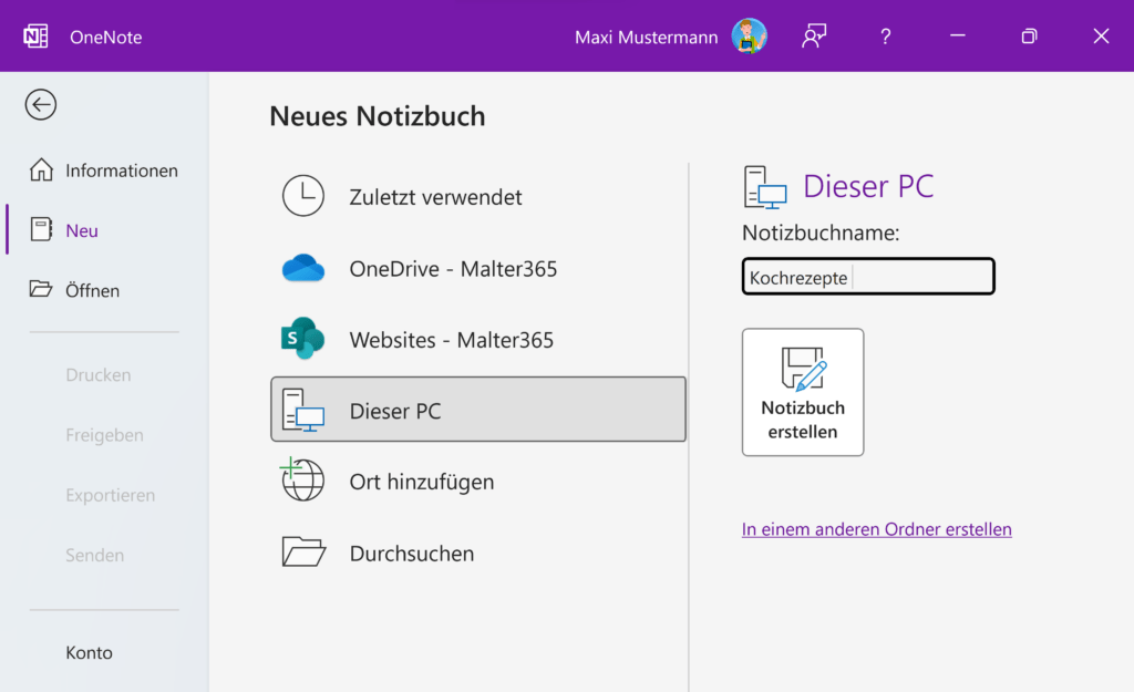 neues Notizbuch in OneNote für Windows erstellen