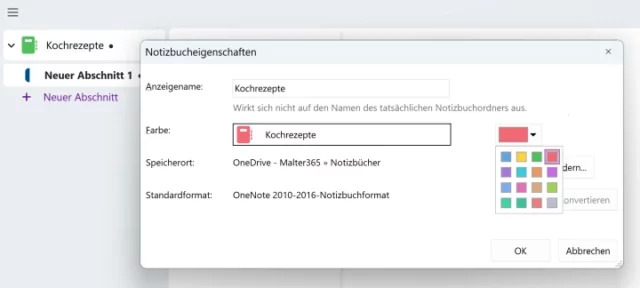 Notizbucheigenschaften in OneNote für Windows