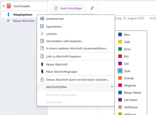 Abschnittsfarbe ändern in OneNote