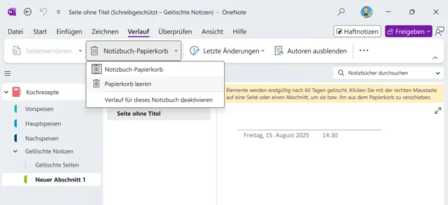 Notizbuch-Papierkorb in OneNote für Windows