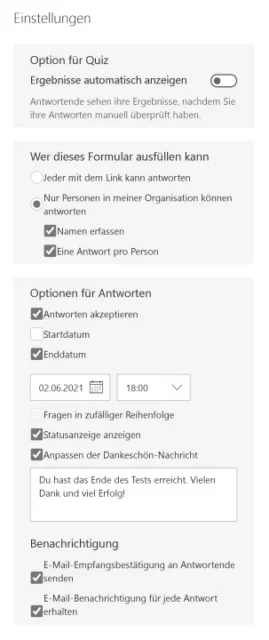weitere Einstellungen in Microsoft Forms