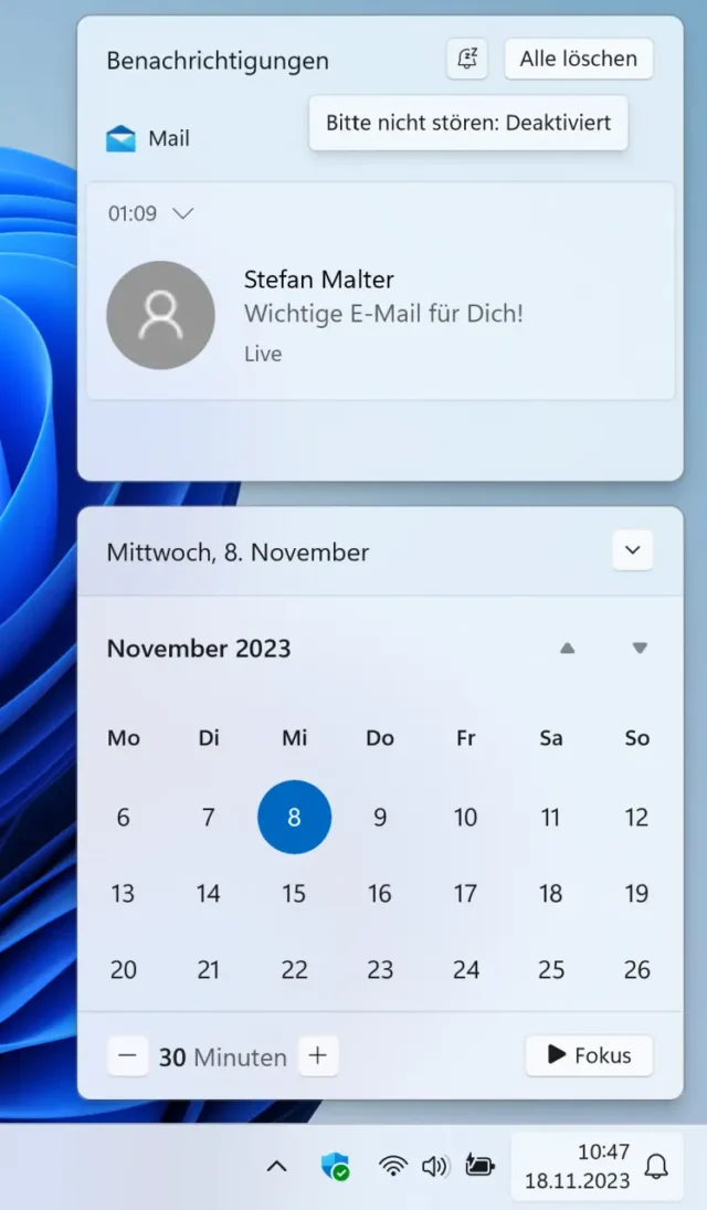 Benachrichtigungen mit Kalender auf der Taskleiste