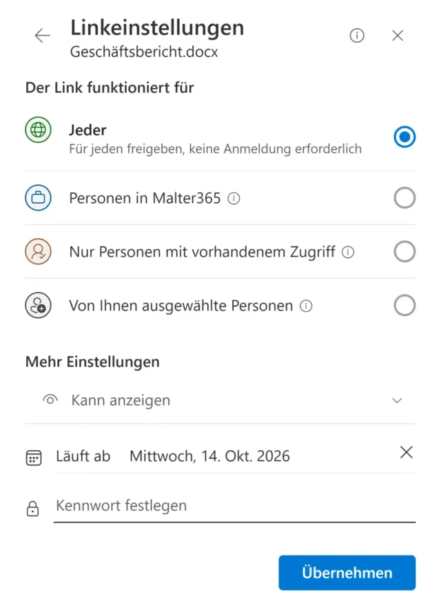 Linkeinstellungen für Freigabe