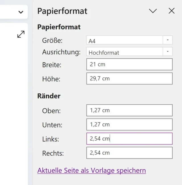 Papierformat DIN A4 für Seite einstellen
