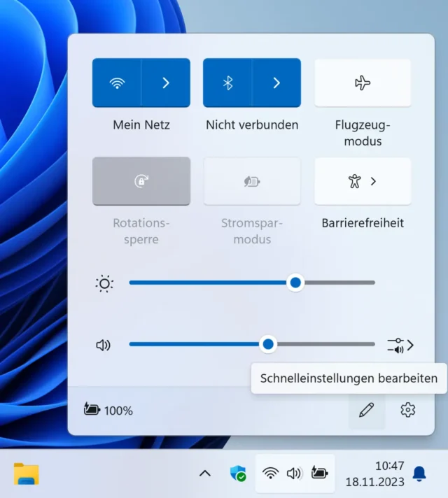 Schnelleinstellungen auf der Taskleiste